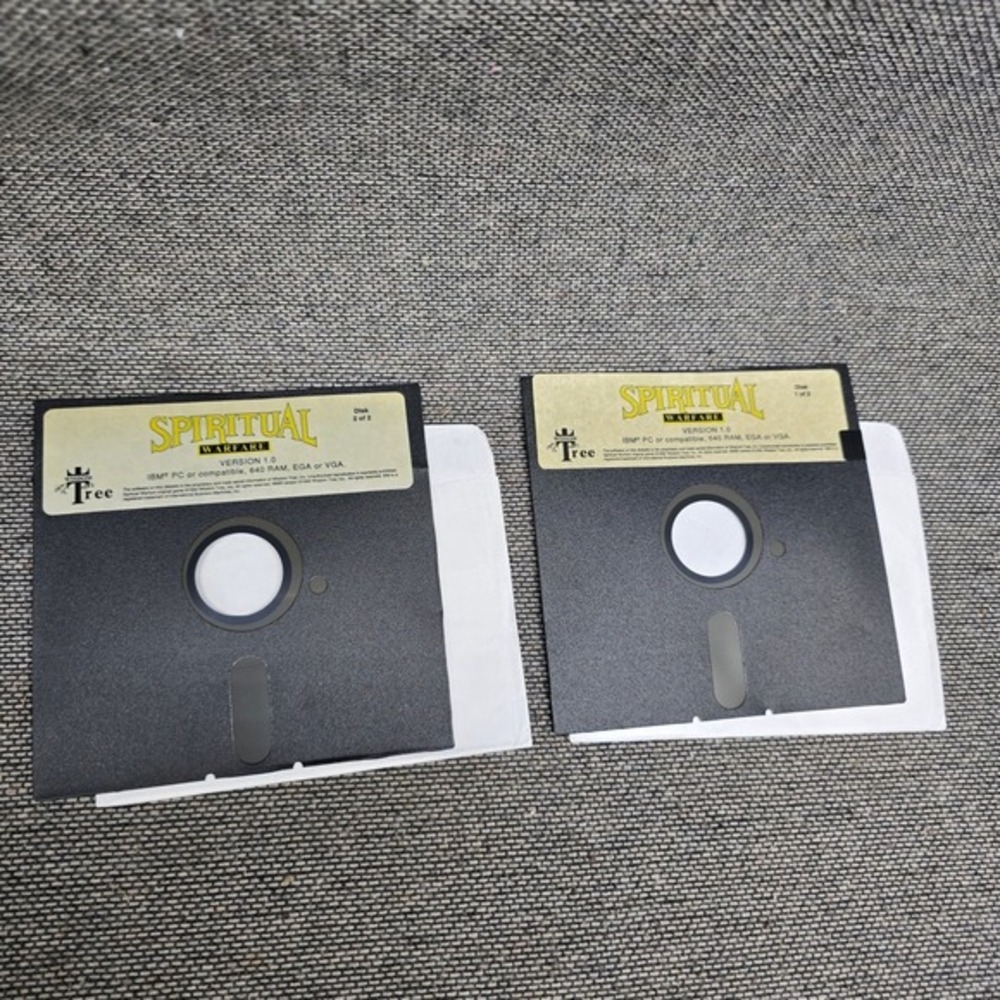 Wisdom Tree Spiritual Warfare PC Game 5.25 Floppy Disks 1992 Black Good Vintage